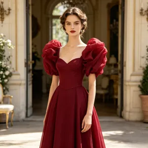 Französisches Vintage Abendkleid in Bordeaux mit dramatischen Puffärmeln und Herz-Ausschnitt.