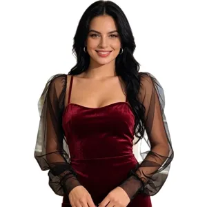 Close-up detail of the sheer black mesh long sleeve bolero shrug, elegant velvet matching.