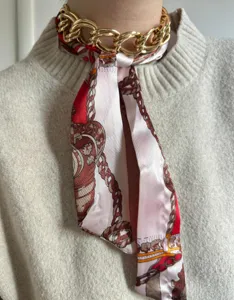 Detail view of the trendy chain silk scarf necklace, fashionable layered design for daily wear.