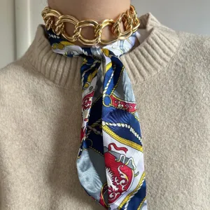Elegant Aluminum Chunky Chain Silk Scarf Necklace For Women Luxury Vintage Print Choker Scarf Layered Statement Collar Neckwear Jewelry
