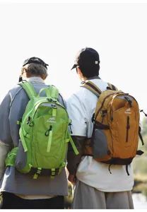 Outdoor hiking backpack detail view, large capacity nylon dual shoulder bag for travel.