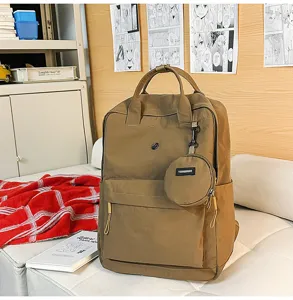 Detailaufnahme des braunen Freizeitrucksacks mit Griff, Fronttasche und rundem Etui.