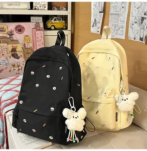 Canvas student school bag casual college style backpack with cute embroidery and plush pendant