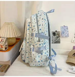 Zaino scolastico stampato azzurro per donna grande capacità viaggio borsa casual.