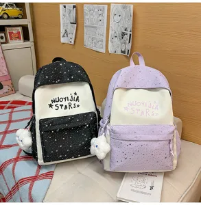 Vista dettagliata del simpatico zaino da studente in tela con motivo a stelle e design casual.