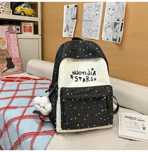 Zaino stile giapponese con motivo a stelle colorblock, grande borsa casual per la scuola.