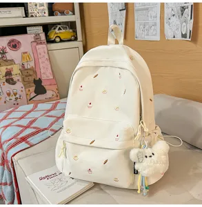 Cute preppy style canvas backpack for women, Korean casual school bag with sweet embroidery.