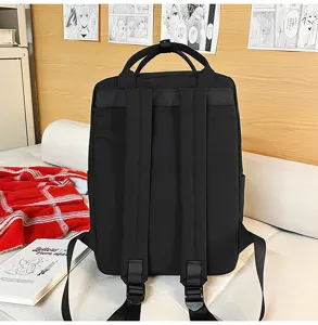 Schwarzer lässiger Studentenrucksack Detailansicht, vielseitige Schultasche mit Griff.