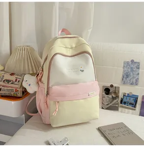 Zaino casual in tela per ragazze, grazioso design pastello con ricamo di margherite, grande capacità.