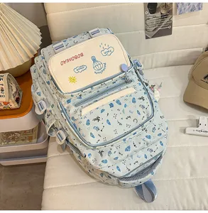 Vista dettagliata dello zaino scolastico blu stampato con tasche multiple e spallacci.
