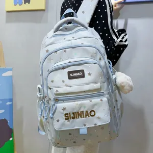 Zaino scolastico casual azzurro chiaro con stampe di stelle e quadri, grande capacità, grazioso.
