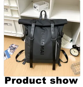 Fashion black roll-top backpack large capacity school bag for men and women daily travel