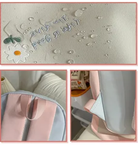 Vista dettagliata dello zaino da studente elegante con tessuto impermeabile e ricamo.