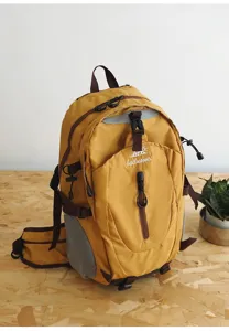 Outdoor hiking travel backpack with large capacity, durable yellow and brown dual-shoulder bag.
