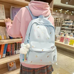 Casual Preppy Style Nylon Backpack For Women Cute Embroidery School Bookbag With Cute Pendant Casual Daypack