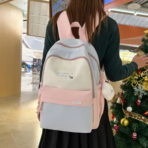 Zaino Scolastico in Nylon di Grande Capacità Per Ragazze Adolescenti Carino Borsa per Studenti Casual Color Block Viaggio Libro Borsa