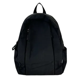 Front view of a minimalist black casual backpack, solid color lightweight school bag for women.