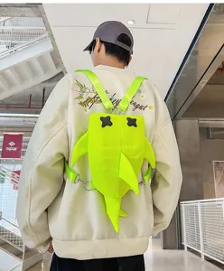 Japanese style trendy neon green shark backpack casual cute riding bag for men and women