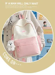 Japanese sweet cute school backpack for students, pink star design with plush pendant.