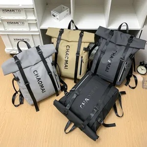 Stylish rolltop canvas backpack for men and women, large capacity travel school bookbag.