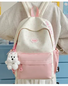Cute Japanese style canvas school backpack with star heart pattern pink pocket and cute puppy charm.