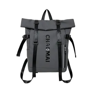 Grey roll-top waterproof backpack for men and women, stylish college school bag and travel daypack.