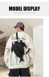 Japanese black shark crossbody bag cute cartoon casual travel shoulder backpack for unisex daily use