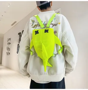 Neon green shark backpack detail, featuring unique fin and streetwear style for daily wear.