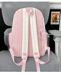 Pink white sweet style casual backpack with adjustable straps and zipper pocket, ideal for daily use.