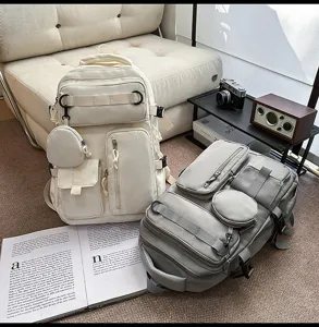Large capacity multi-pocket canvas backpack unisex casual travel school book bag daily use