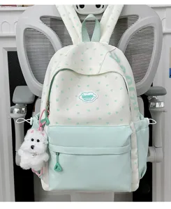 Cute Japanese sweet style school backpack featuring star pattern and adorable puppy pendant.