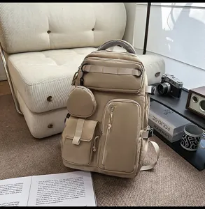 Detailed view of large capacity multi-pocket unisex backpack, perfect travel and school bag.