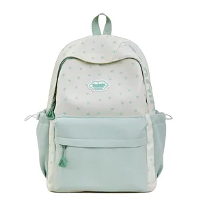 Japanese sweet style canvas school backpack with star heart print, light green and white.