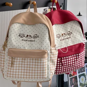 Japanese style cute plaid canvas school backpack with lovely cat embroidery and front pocket.