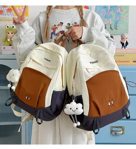 Large capacity color block canvas backpack student school bag casual travel daypack cute pendant