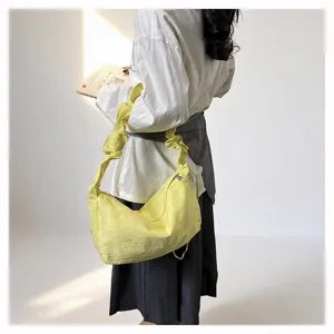Yellow nylon pleated shoulder bag casual hobo crossbody dumpling bag for women daily use