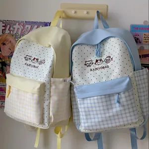 Cute Japanese style school backpack for girls, preppy plaid polka dot student book bag, casual
