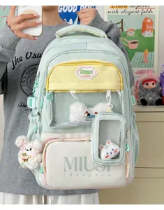Japanese style multi-pocket student backpack with clear window and cute plush decors for girls