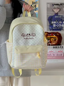Cute Japanese style polka dot canvas school backpack with plaid pocket and cat embroidery.