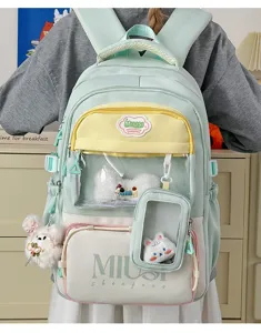 Japanese style college backpack for women with transparent front pocket and cute plush charms.