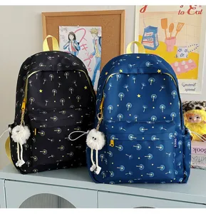 Sweet dandelion print backpack for women, lightweight casual college bookbag with cute plush charm.