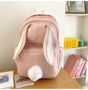 Cute pink bunny ear backpack for school girls, sweet style daily casual student schoolbag.