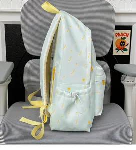 Light green sweet backpack with cute star wand prints, lightweight casual school bag for girls.
