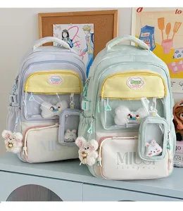 Detail view of Japanese college style cute backpack with clear front pocket and plush charms.