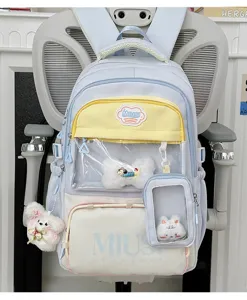 Japanese style cute student backpack versatile casual school bag with transparent pocket.