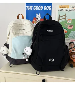 Large capacity color-block casual backpack with cute cloud pendant for daily school and travel