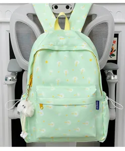 Sweet dandelion print backpack detail showing light green canvas, zipper pocket and fluffy charm.