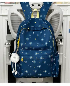 Sweet dandelion print backpack for women, cute star pattern school bag with plush pendant.