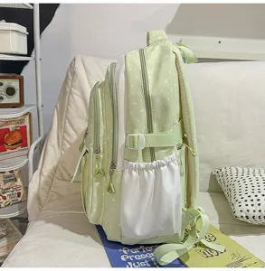 Sac à dos étudiant style collège doux, impression étoile vert clair sac d'école décontracté.
