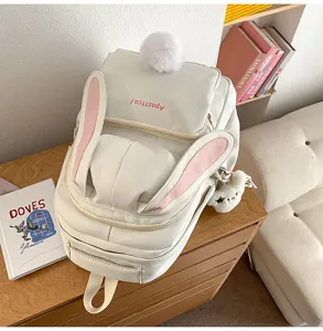 Cute Japanese style white rabbit ears backpack canvas school bag for teen girls on campus